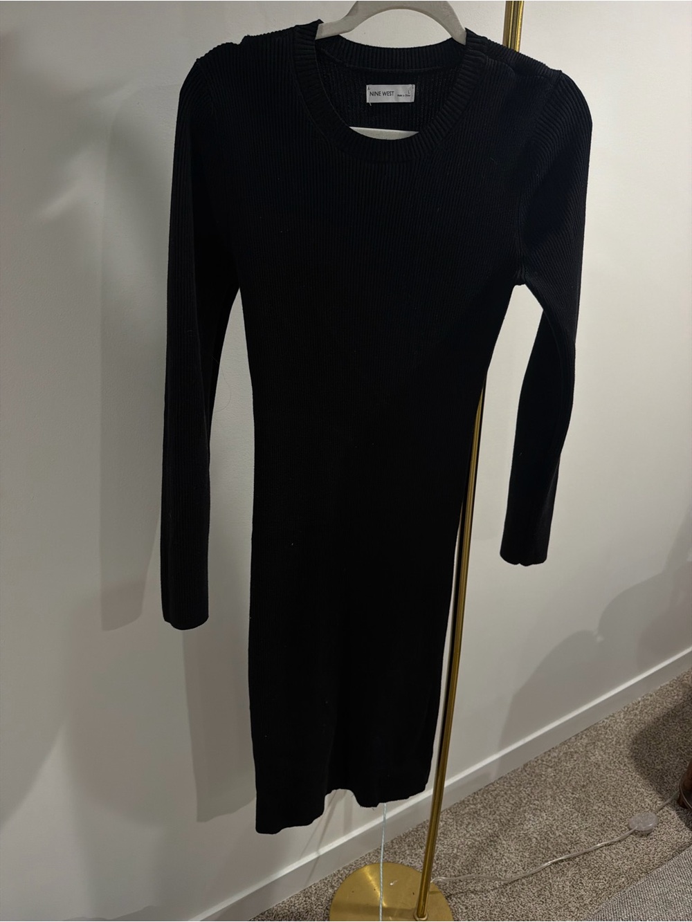Nine West Black Ribbed Long-Sleeve Midi Knit Dress
